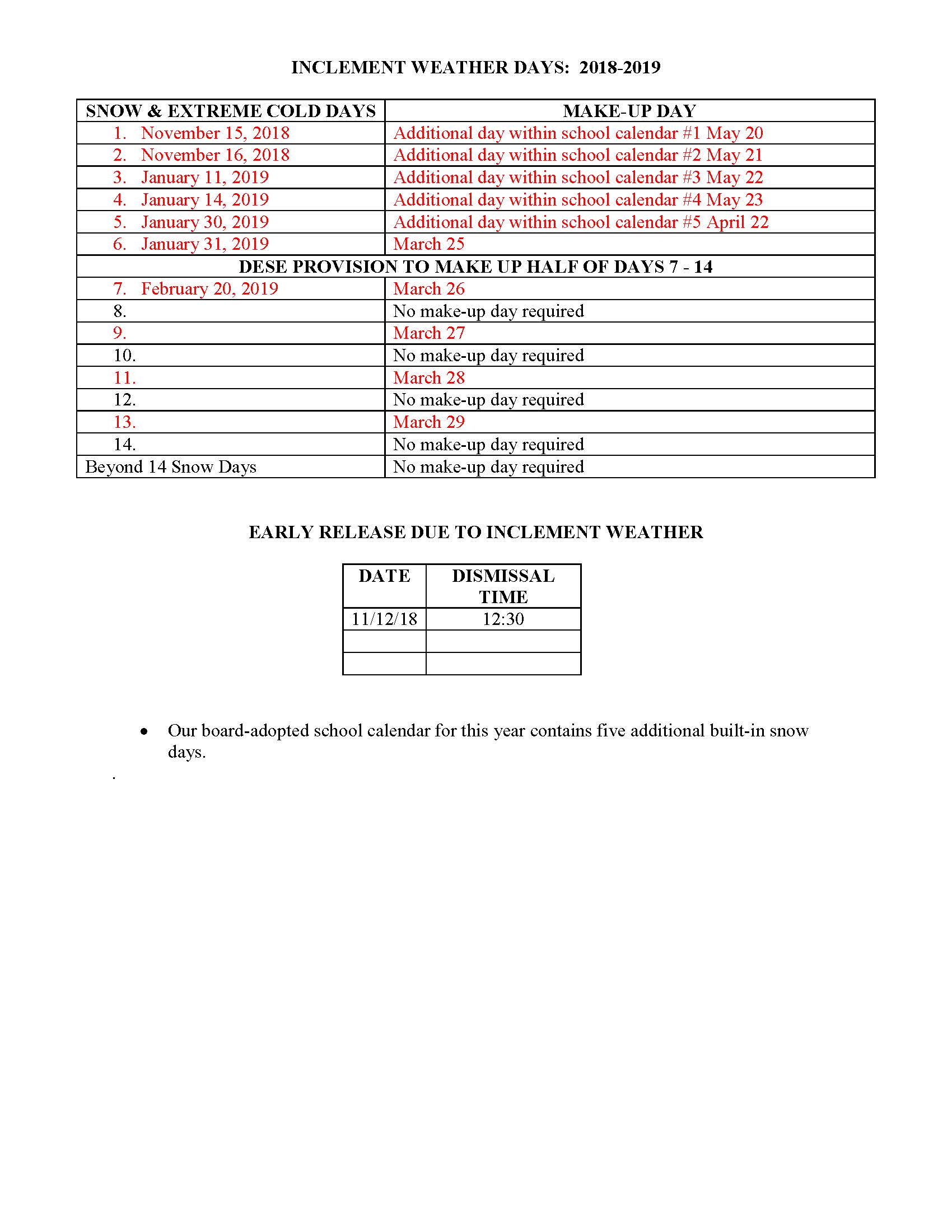Snow Day Make Up Schedule 2018-2019